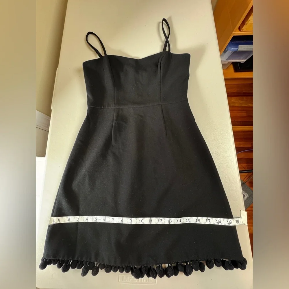 French Connection Black Mini Dress Pom Pom Hem Spaghetti Strap Size US 2